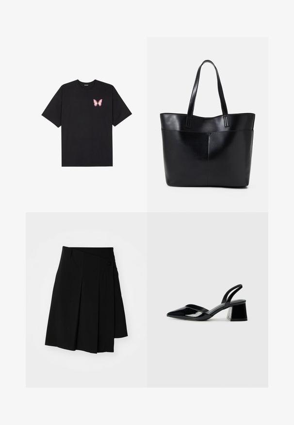 Crna pamučna majica s kratkim rukavima, s malim grafičkim prikazom ružičaste vjetricaste s desne strane na prsima. Dizajn s okruglim izrezom i opuštenim krojem.; Weekday PLEATED MIDI SKIRT - Suknja na preklop - black; Crne lakirane kožne sandale s otvorenom petom i špicastim vrhom, s geometrijskom blok petom. Imaju elegantan, minimalistički dizajn i glatku teksturu.; Crna kožna torba s dugim ručkama, glatkom teksturom i strukturiranim oblikom. Ima prednju džep za dodatno pohranu.
