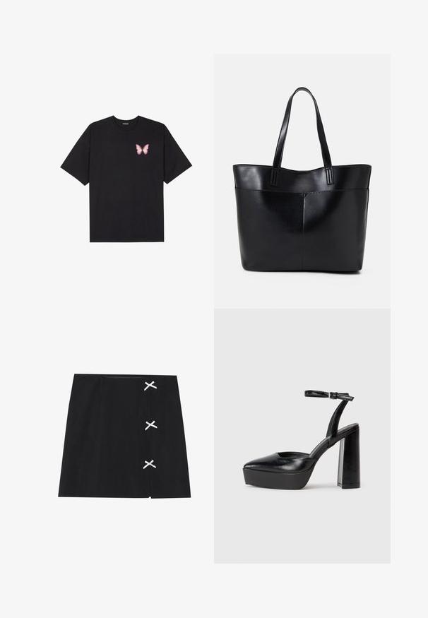 Must muströöpidega must puuvillane T-särk, vasakul rinnal on väike roosa liblikas. Ümar kaelus ja vabalt istuv lõige.; Musthave mustreid mustill, misel on sujuv tekstuur, millel on vasakul küljel valged ristatud ribad. Lihtne disain sirge lõikega.; Mustad platvormi kontsad terava ninaga ja reguleeritava pahkluuraamiga. Valmistatud siledast nahast, funktsioneerib massiivse plokknäheeliga.; Must mustaga musta nahast, millel on kaks pikka kanda, sile tekstuur ja struktureeritud kuju. Esipoolsel on lisakoti jaoks tasku.