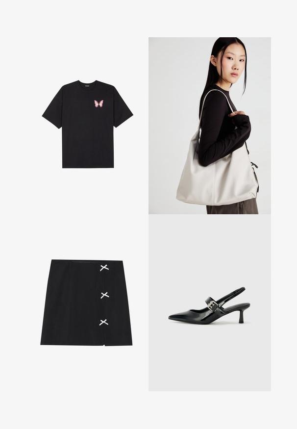 Black cotton t-shirt with short sleeves, featuring a small pink butterfly graphic on the left chest. Crew neck design with a relaxed fit.; Black mini skirt with a smooth texture, featuring white crossed ribbons on the left side. Simple design with a straight cut.; Black patent leather slingback heels with a pointed toe and a small block heel, featuring a silver buckle accent on the strap.; Beige handbag made of soft material, featuring a slouchy design, stitched detailing, and two shoulder straps. Suitable for everyday use.