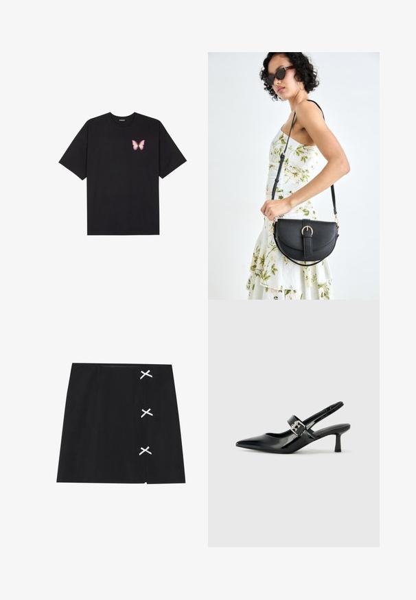 Crna pamučna majica s kratkim rukavima, s malim grafičkim prikazom ružičaste vjetricaste s desne strane na prsima. Dizajn s okruglim izrezom i opuštenim krojem.; Crna mini suknja s glatkom teksturom, s bijelim ukrštenim ribonima na lijevoj strani. Jednostavan dizajn s ravnim krojem.; Crne lakirane slingback potpetice s oštrim prstom i malom blok petom, s naglaskom na srebrnoj kopči na remenu.; Crna kožna torba s lukovitim oblikom, odvojivim remenom i zlatnim detaljima. Torba ima preklop s kopčom.