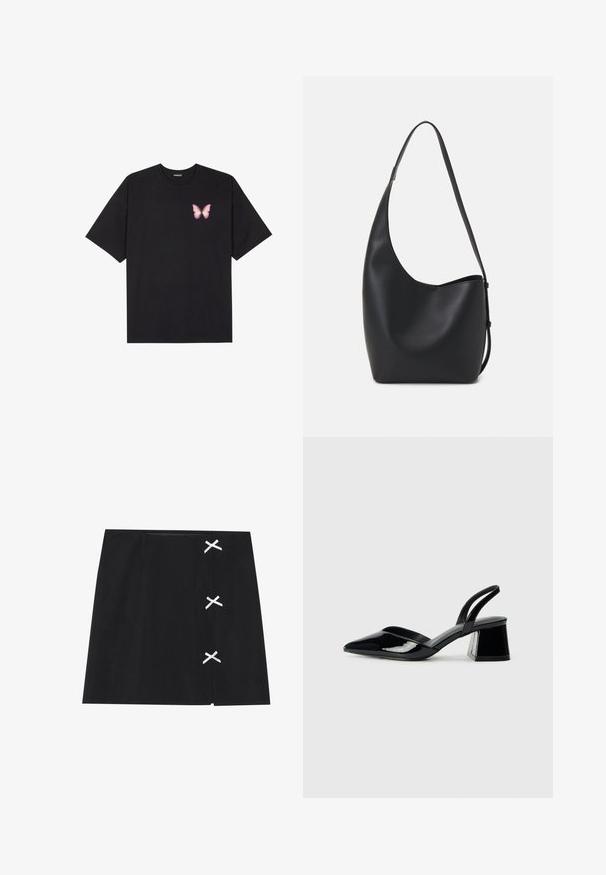 Crna pamučna majica s kratkim rukavima, s malim grafičkim prikazom ružičaste vjetricaste s desne strane na prsima. Dizajn s okruglim izrezom i opuštenim krojem.; Crna mini suknja s glatkom teksturom, s bijelim ukrštenim ribonima na lijevoj strani. Jednostavan dizajn s ravnim krojem.; Crne lakirane kožne sandale s otvorenom petom i špicastim vrhom, s geometrijskom blok petom. Imaju elegantan, minimalistički dizajn i glatku teksturu.; Crna kožna hobo torba s glatkom teksturom, zakrivljenim oblikom i jednom podesivom trakicom; ima širok otvor na vrhu.
