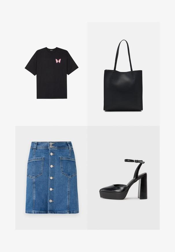 Svart bomullströja med korta ärmar, med en liten rosa fjärilsgrafik på vänster bröst. Rundad halsdesign med en avslappnad passform.; Jeanskjol med figurnära midja, A-linjeform och framknäppning. Har två stora fickor, i medelblå tvätt med subtila slitningar.; Svarta plattformsskor med spetsig tå och justerbart vristband. Tillverkade av mjukt läder, med en kraftig blockklack.; Svart lädertoffelväska med slät textur, rektangulär form och två långa handtag. Ingen synlig hårdvara eller dekorationer.
