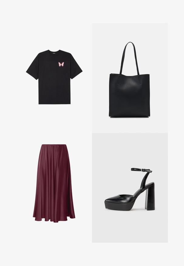 Melna kokvilnas T-krekls ar īsām piedurknēm, kuram priekšā kreisajā pusē ir neliels rozā tauriņa grafiskais attēls. Ar apaļu kaklu un brīvā stila piegriezumu.; Burgundijas krāsa grīdas garuma svārki, izgatavoti no gludas, spīdīgas auduma ar plūstošu dizainu un elastīgu jostu. Nav klātbūtnē nevienu rakstu vai akcentu.; Melnas platformas papēžs ar norādītu purngala formu un regulējamu potītes siksniņu. Izgatavotas no gludas ādas, ar masīvu bloku papēdi.; Melnas ādas somiņa ar gludu tekstūru, taisnstūra formu un divām garām rokturiem. Nav redzamu aparatūras vai rotājumu.