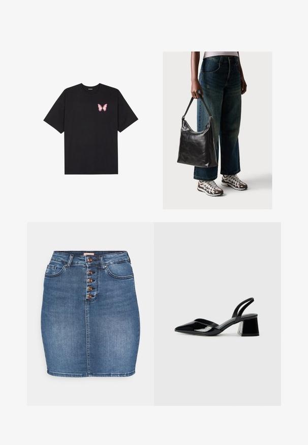 Zwarte katoenen t-shirt met korte mouwen, voorzien van een kleine roze vlinder graphic op de linkerkant van de borst. Crew neck ontwerp met een relaxte fit.; Denim rok in middelblauw met een getailleerde pasvorm. Heeft een sluiting met vijf knopen aan de voorkant, twee voorzakken en een gestikte zoom.; Zwarte gepatineerde leren slingback hakken met een spitse neus en een geometrische blokhak. Kenmerkt zich door een slank, minimalistisch ontwerp en een gladde textuur.; Zwarte leren schoudertas met een gladde textuur en een verstelbare strap, gecombineerd met vervaagde wijde jeans en sportieve sneakers.