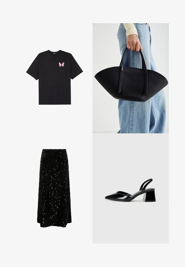 Svart bomulls T-skjorte med korte ermer, med en liten rosa sommerfugl grafikk på venstre bryst. Crew-neck design med en avslappet passform.; Svart paljetmaxiskjørt med rett silhuett og elastisk midjebånd. Glinsende, strukturert overflate med reflekterende paljetter over hele. ; Svarte patentlær slingback hæler med spiss tå og geometrisk blokk hæl. Har et stilrent, minimalistisk design og jevn tekstur.; Svart skinnveske med en unik vifteform, med flate håndtak. Overflaten har en pebblelignende tekstur og et minimalistisk design.