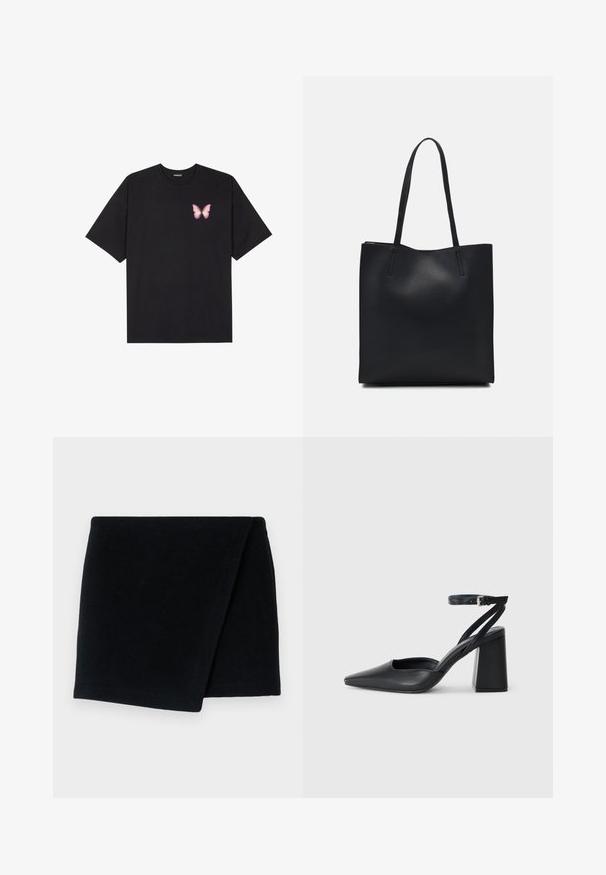 Čierne bavlnené tričko s krátkymi rukávmi, s malým ružovým motýlikom na ľavej hrudi. Design s okrúhlym výstrihom a uvoľneným strihom.; Čierny vlnený šál, obdĺžnikový tvar, jemná textúra, poskladaný s čistými okrajmi, minimalistický dizajn, vhodný na teplo a vrstvenie.; Čierne kožené lodičky s špicatou špičkou a členkovým remienkom, s masívnym podpätkom. Hladký povrch, elegantný dizajn a minimalistická estetika.; Čierna kožená taška na rameno s hladkým povrchom, obdĺžnikovým tvarom a dvoma dlhými uchami. Bez viditeľného kovania alebo ozdôb.