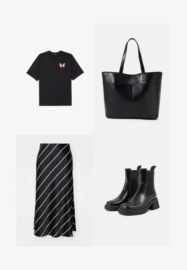 Melna kokvilnas T-krekls ar īsām piedurknēm, kuram priekšā kreisajā pusē ir neliels rozā tauriņa grafiskais attēls. Ar apaļu kaklu un brīvā stila piegriezumu.; Melnas satīna svārki ar diagonālām baltām svītrām, ar sānu izgriezumu un gludu tekstūru, izstrādāti plūstošai kustībai.; Melni ādas Čelsijas zābaki ar masīvu papēdi, elastīgām sānu panelēm un kontrastējošu balto šuvumu. Teksturēts apdare.; Melnas ādas iepirkumu soma ar divām garām rokturām, gludu tekstūru un strukturētu formu. Iekļauj priekšējo kabatu papildu uzglabāšanai.