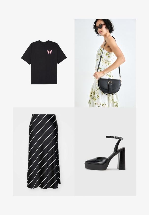 Schwarzes Baumwoll-T-Shirt mit kurzen Ärmeln, das ein kleines pinkes Schmetterlingsmotiv auf der linken Brust zeigt. Crewneck-Design mit einem entspannten Schnitt.; Schwarzer Satinrock mit diagonal verlaufenden weißen Streifen, ausgestattet mit einem seitlichen Schlitz und einer glatten Textur, die für fließende Bewegungen sorgt.; Schwarze Plateau-High Heels mit spitzem Zeh und verstellbarem Knöchelriemen. Gefertigt aus glattem Leder und mit einem klobigen Blockabsatz.; Schwarze Lederhandtasche mit geschwungener Form, abnehmbarem Tragegurt und goldenen Beschlägen. Die Tasche verfügt über einen Deckel mit einer Schnallen-Details.
