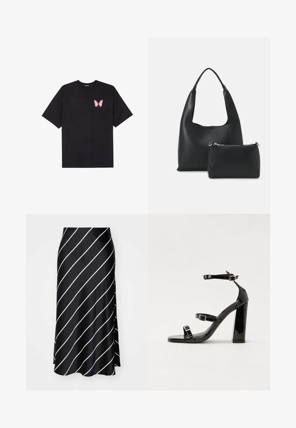 Tricou negru din bumbac cu mâneci scurte, având pe partea stângă a pieptului un mic grafic cu un fluture roz. Design cu guler rotund și croială lejeră.; Fustă neagră din satin cu dungi albe diagonale, având o fanta laterală și o textură fină, concepută pentru o mișcare fluidă.; Sandale cu toc din patent negru, cu vârf pătrat, curele la gleznă și catarame din argint. Dispune de un toc gros pentru stabilitate.; Even&Odd SET - Geantă de mână - black