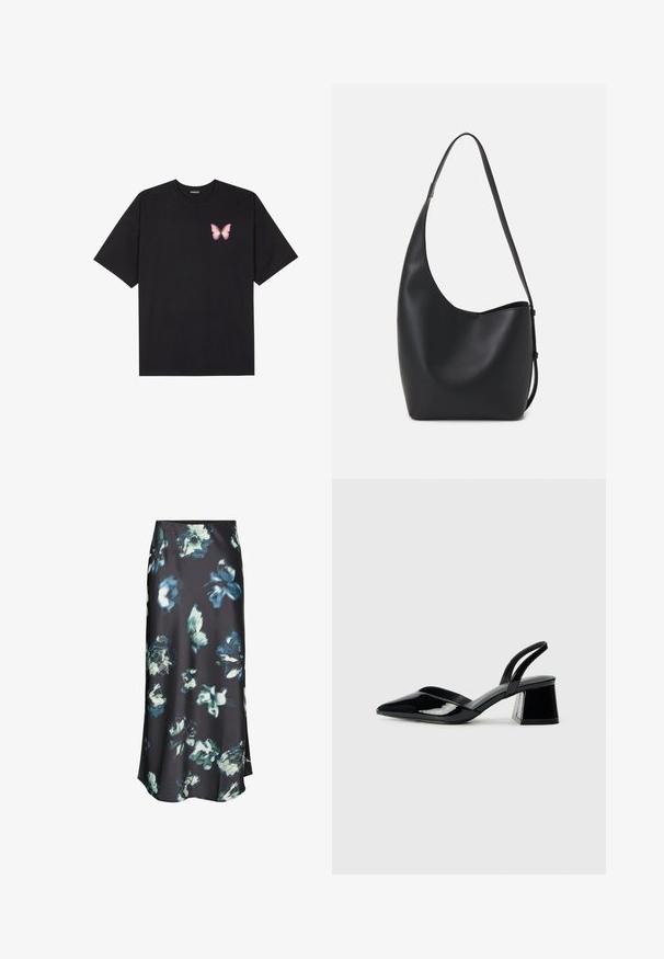 Fekete pamut póló rövid ujjakkal, bal mellkason egy kis rózsaszín pillangó grafikával. Kerek nyakú kialakítás, laza fazonnal.; Sötét midi szoknya absztrakt kék és fehér virágmintával, sima anyagból, finom terjedéssel az alján.; Fekete lakk bőr szandálkés magas sarkú cipő, hegyes orral és geometrikus tömbsarkakkal. Karcsú, minimalista dizájn és sima textúra jellemzi.; Fekete bőr hobo táska sima textúrával, ívelt formával és egyetlen állítható pánttal; széles nyílás található a tetején.