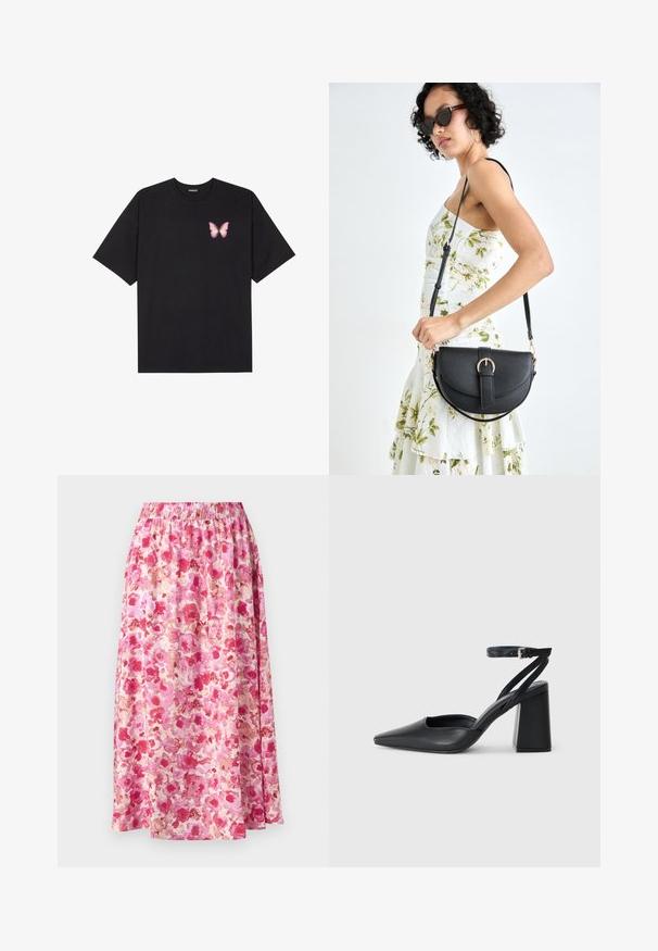 Black cotton t-shirt with short sleeves, featuring a small pink butterfly graphic on the left chest. Crew neck design with a relaxed fit.; Floral maxi skirt with a gathered waistband. Features a bright pink and cream floral pattern on lightweight fabric.; Black leather pointy-toe pump with an ankle strap and a chunky heel. Flat texture, sleek design, and minimalistic aesthetics.; Black leather handbag with a curved shape, detachable strap, and gold hardware. The bag features a flap with a buckle detail.