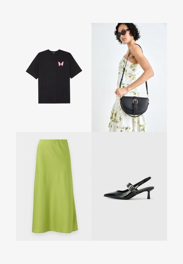 Schwarzes Baumwoll-T-Shirt mit kurzen Ärmeln, das ein kleines pinkes Schmetterlingsmotiv auf der linken Brust zeigt. Crewneck-Design mit einem entspannten Schnitt.; Rockabilly-Midirock aus glattem, lebhaften Limettengrün. Verfügt über ein schlichtes, tailliertes Design mit einem elastischen Bund und fließender Silhouette.; Schwarze Lackleder Slingback-Absätze mit spitzem Zeh und kleinem Blockabsatz, ausgestattet mit einem silbernen Schnallenakzent am Riemen.; Schwarze Lederhandtasche mit geschwungener Form, abnehmbarem Tragegurt und goldenen Beschlägen. Die Tasche verfügt über einen Deckel mit einer Schnallen-Details.