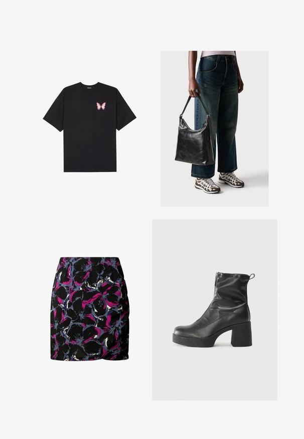 Camiseta de algodón negra de manga corta, con un pequeño gráfico de mariposa rosa en el lado izquierdo del pecho. Diseño de cuello redondo con un corte relajado.; Falda negra con un patrón floral en púrpura, azul y blanco. El diseño cuenta con un detalle fruncido en el lado y un logo en el dobladillo.; Botines negros de tobillo, hechos de cuero suave, con cierre lateral, tacón grueso texturizado y diseño de punta redondeada.; Bolso de hombro de cuero negro con una textura suave y correa ajustable, combinado con jeans de pierna ancha desgatados y zapatillas deportivas.