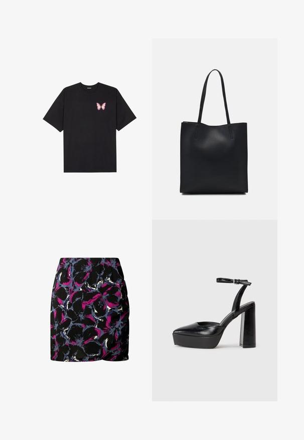 Schwarzes Baumwoll-T-Shirt mit kurzen Ärmeln, das ein kleines pinkes Schmetterlingsmotiv auf der linken Brust zeigt. Crewneck-Design mit einem entspannten Schnitt.; Schwarzer Rock mit floralem Muster in Lila, Blau und Weiß. Das Design weist ein gerafftes Seitendetail und eine Markenkennzeichnung am Saum auf.; Schwarze Plateau-High Heels mit spitzem Zeh und verstellbarem Knöchelriemen. Gefertigt aus glattem Leder und mit einem klobigen Blockabsatz.; Schwarze Laptoptasche aus Leder mit glatter Textur, rechteckiger Form und zwei langen Griffen. Keine sichtbaren Beschläge oder Verzierungen.