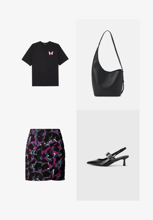 Zwarte katoenen t-shirt met korte mouwen, voorzien van een kleine roze vlinder graphic op de linkerkant van de borst. Crew neck ontwerp met een relaxte fit.; Zwarte rok met een bloemmotief in paars, blauw en wit. Gemaakt van lichtgewicht stof met een aansluitend ontwerp en plooidetails.; Zwarte gepatineerde leren slingback hakken met een puntige neus en een kleine blokhak, met een zilveren gespaccent op de band.; Zwarte leren hobo tas met een gladde textuur, kromme vorm en een enkele verstelbare schouderband; heeft een brede opening aan de bovenkant.