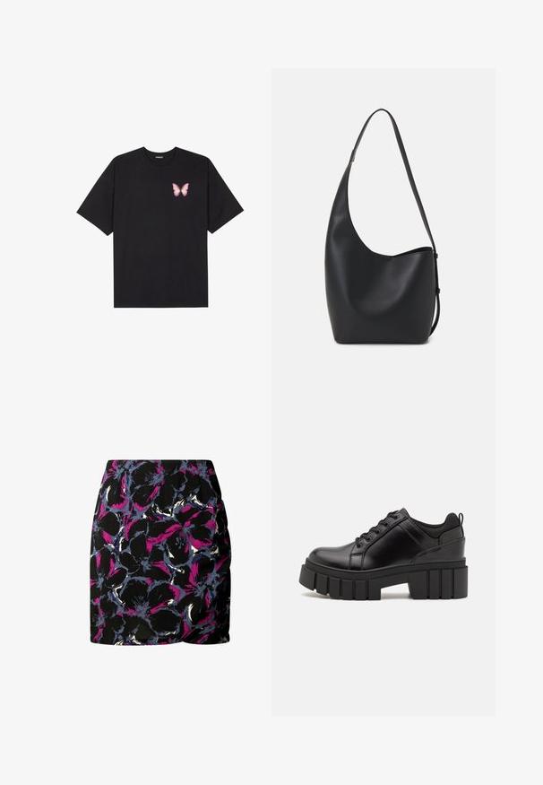 Čierne bavlnené tričko s krátkymi rukávmi, s malým ružovým motýlikom na ľavej hrudi. Design s okrúhlym výstrihom a uvoľneným strihom.; Čierna sukňa s kvetinovým vzorom v purpurovej, modrej a bielej farbe. Dizajn obsahuje riasenie na boku a označenie na leme.; Čierne kožené platformy s masívnym blokovým podpätkom, okrúhlou špičkou a tradičným šnurovaním. Má hladký povrch a minimálne detaily.; Čierna kožená hobo taška so hladkou textúrou, zakriveným tvarom a jedným nastaviteľným popruhom; má široké otvorenie na vrchu.