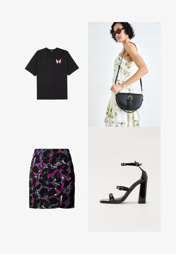 Crna pamučna majica s kratkim rukavima, s malim grafičkim prikazom ružičaste vjetricaste s desne strane na prsima. Dizajn s okruglim izrezom i opuštenim krojem.; Crna suknja s cvjetnim uzorkom u ljubičastoj, plavoj i bijeloj boji. Dizajn uključuje nabranost na boku i oznaku na rubu.; Crne lakirane sandale na pete sa kvadratnim nosom, trakama oko gležnja i srebrnim kopčama. Imaju čvrst blok petu za stabilnost.; Crna kožna torba s lukovitim oblikom, odvojivim remenom i zlatnim detaljima. Torba ima preklop s kopčom.