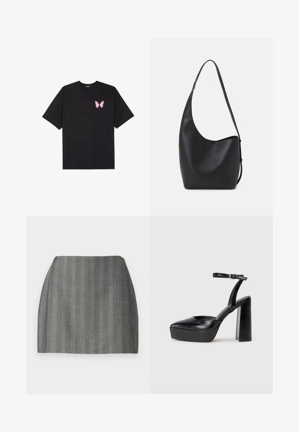 Tricou negru din bumbac cu mâneci scurte, având pe partea stângă a pieptului un mic grafic cu un fluture roz. Design cu guler rotund și croială lejeră.; Fustă mini gri dintr-un material texturat, cu dungi verticale și talie ajustată. Croială dreaptă și finisaj neted.; Pantofi cu toc platformă negri, cu vârful ascuțit și curea reglabilă la gleznă. Confecționați din piele netedă, având un toc gros.; Geantă hobo din piele neagră, cu o textură netedă, formă curbată și un singur bretele ajustabil; are o deschidere largă în partea de sus.
