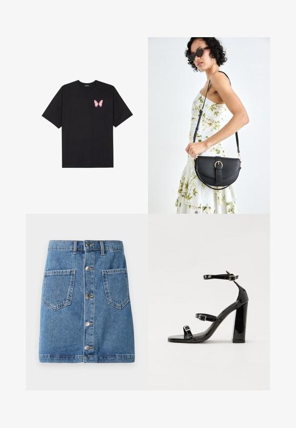 Juodas medvilnės marškinėliai trumpomis rankovėmis, su maža rožine drugelio grafika kairėje krūtinės pusėje. Apvalus kaklo iškirpimas, laisvas kirpimas.; Džinsinė sijonas šviesiai mėlynu atspalviu, su priekyje esančia mygtukų uždarymo sistema, dviem kišenėmis ir tiesia forma. Audinys turi klasikinį tekstūrą.; Juodos patentuotos aukštakulnės basutės su dviem sagtelėmis, kvadratine nosimi ir stambiu blokiniu kulnu, pasižyminčios lygiu, blizgiu paviršiumi.; Juodas odinis krepšys su išlenkta forma, nuimamu dirželiu ir auksiniais detalėmis. Krepšys turi kilpą su sagtimi.