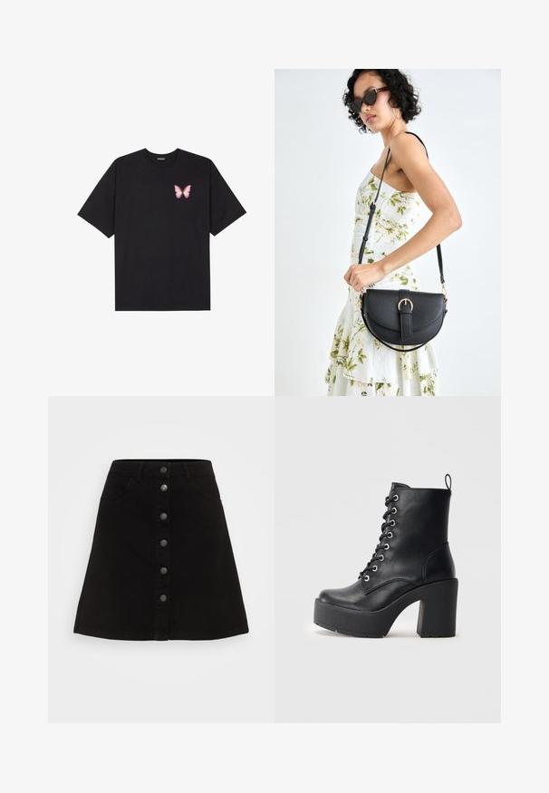 Svart bomulls T-skjorte med korte ermer, med en liten rosa sommerfugl grafikk på venstre bryst. Crew-neck design med en avslappet passform.; Svart denim A-linjeet skjørt med knappfront, fem lommer og sølvfarget detaljer. Har en ren søm og en jevn tekstur.; Sorte læder ankelstøvle med en kraftig blokhæl, snøre foran og tekstureret overflade. Har en flap på bagsiden for nem påtagning.; Svart lærveske med en buet form, avtagbar stropp og gullbeslag. Vesken har et klaff med spenne-detall.