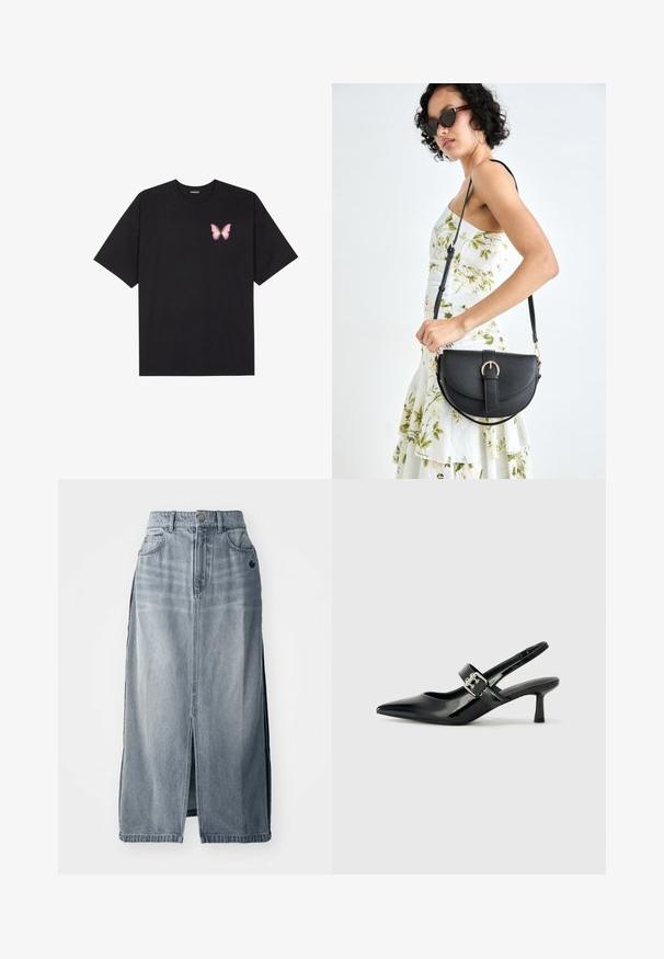 Črna bombažna majica s kratkimi rokavi, ki ima majhen roza metuljček na levi strani prsnega dela. Majica s krožnim ovratnikom in sproščenim krojem.; Jeanskrilo v svetlo modri barvi z odprtino spredaj, dvema žepoma in podrobnostmi z logotipom. Ima visok pas in ravno zasnovo, izdelano iz trpežne tkanine.; Črne patent usnjene slingback pete s koničastim nosom in majhnim blok peto, ki vključujejo srebrno zaponko na traku.; Črna usnjena torbica s ukrivljeno obliko, z odstranljivo naramnico in zlatimi dodatki. Torbica ima pokrov s podrobnostmi v obliki zaponke.