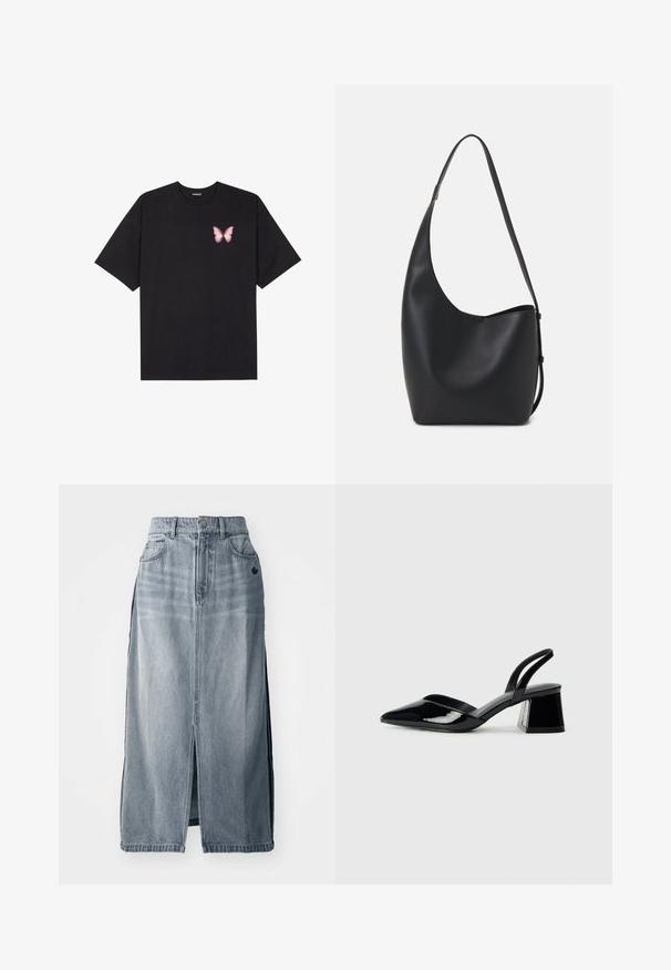 Svart bomulls T-skjorte med korte ermer, med en liten rosa sommerfugl grafikk på venstre bryst. Crew-neck design med en avslappet passform.; Jeanskjørt i lyseblått med en frontspalte, to lommer og detaljert logo. Har høy midje og rett design, laget av slitesterk stoff.; Svarte patentlær slingback hæler med spiss tå og geometrisk blokk hæl. Har et stilrent, minimalistisk design og jevn tekstur.; Svart lær hobo-veske med glatt tekstur, buet form og enkelt justerbart stropp; har en bred åpning på toppen.