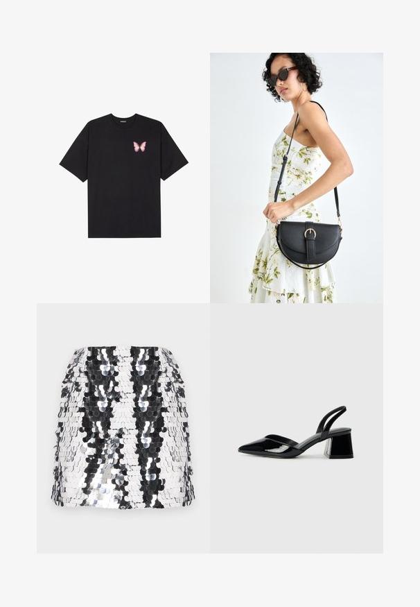 Black cotton t-shirt with short sleeves, featuring a small pink butterfly graphic on the left chest. Crew neck design with a relaxed fit.; Sequin mini skirt in black and silver with a fitted shape. Features reflective circular sequins arranged in a wavy pattern. Smooth texture.; Black patent leather slingback heels with a pointed toe and a geometric block heel. Features a sleek, minimal design and smooth texture.; Black leather handbag with a curved shape, detachable strap, and gold hardware. The bag features a flap with a buckle detail.