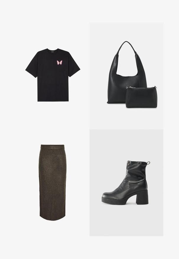 Sort bomulds T-shirt med korte ærmer, prydet med en lille pink sommerfugl grafik på venstre bryst. Rund hals design med en afslappet pasform.; Pieces Maxinederdele - morel; Sorte ankelstøvler lavet af glat læder, med en sidelukning, kraftig struktureret hæl og rundt tådesign.; Even&Odd Håndtasker - black