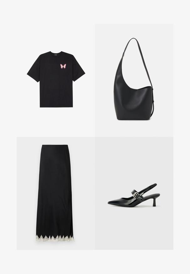 Black cotton t-shirt with short sleeves, featuring a small pink butterfly graphic on the left chest. Crew neck design with a relaxed fit.; Black maxi skirt in smooth fabric with a high slit and intricate white lace trim at the hem, featuring a straight cut and minimalist design.; Black patent leather slingback heels with a pointed toe and a small block heel, featuring a silver buckle accent on the strap.; Black leather hobo bag with a smooth texture, curved shape, and single adjustable strap; features a wide opening at the top.