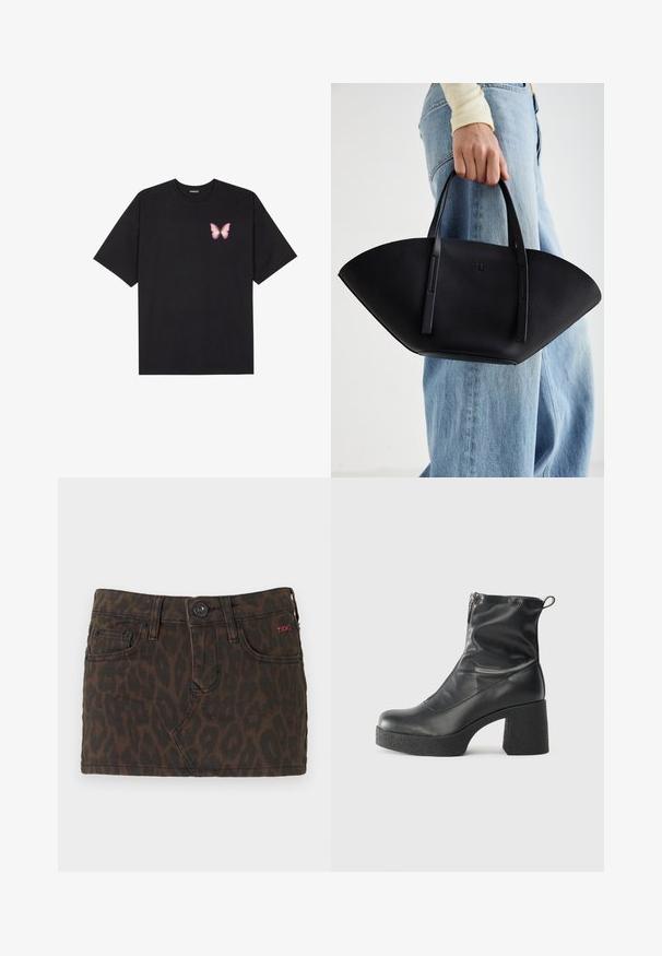 Fekete pamut póló rövid ujjakkal, bal mellkason egy kis rózsaszín pillangó grafikával. Kerek nyakú kialakítás, laza fazonnal.; Rövid, sötétbarna farmer szoknya leopárdmintával, gombos záródással, övbújtatókkal és elülső zsebekkel. Piros logó akcentussal.; Fekete bokacsizmák sima bőrből, oldalsó cipzárral, vastag, texturált sarkú és lekerekített orrú dizájnnal.; Fekete bőr kézitáska egyedi legyezőformával, lapos füllel. A felülete kőriszerű textúrájú és minimalista dizájnnal rendelkezik.