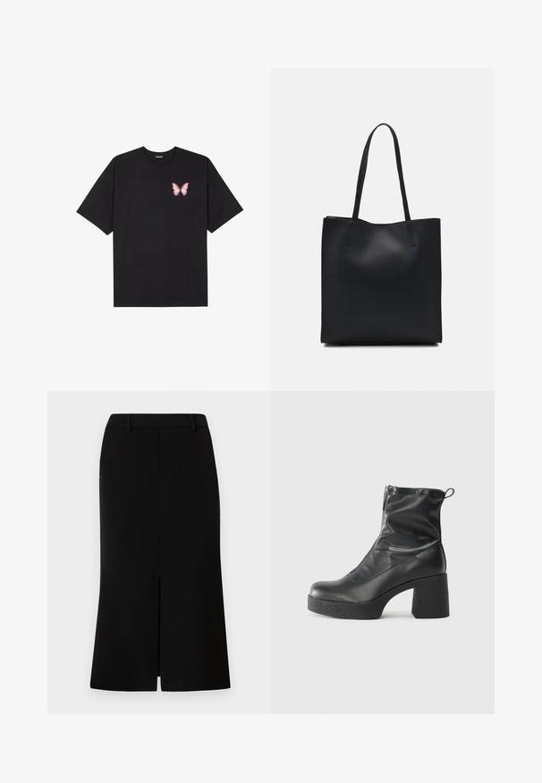 Fekete pamut póló rövid ujjakkal, bal mellkason egy kis rózsaszín pillangó grafikával. Kerek nyakú kialakítás, laza fazonnal.; Fekete, térd fölé érő szoknya egyenes vonalvezetésű fazonnal, elöl hasítékkal, sima textúrával és szabott derékkal.; Fekete bokacsizmák sima bőrből, oldalsó cipzárral, vastag, texturált sarkú és lekerekített orrú dizájnnal.; Fekete bőrtáska sima felszínnel, téglalap alakú, két hosszú füllel. Nincs látható fémkiegészítő vagy díszítés.