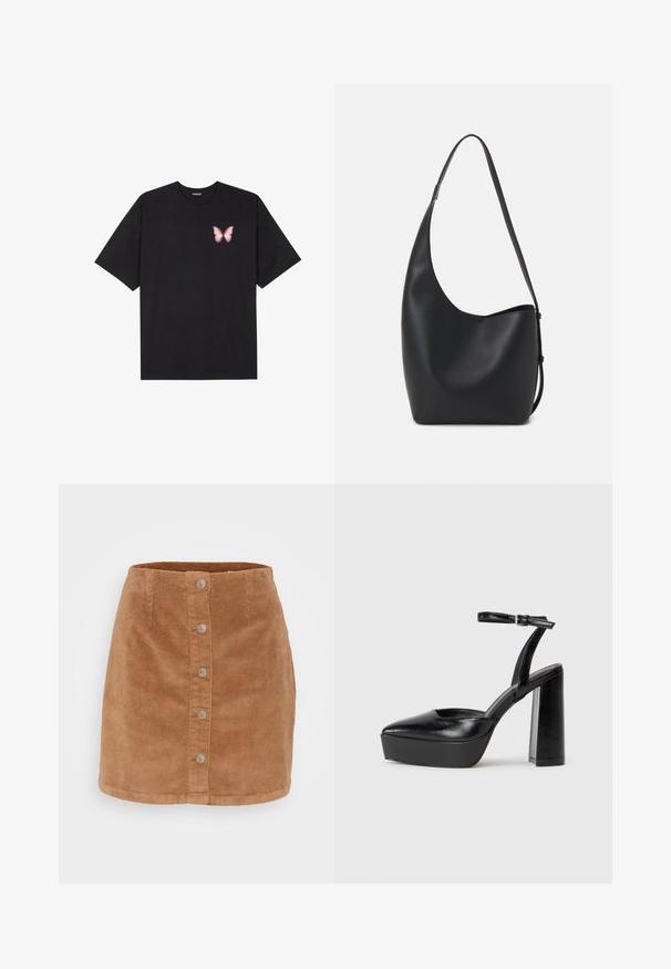 Tricou negru din bumbac cu mâneci scurte, având pe partea stângă a pieptului un mic grafic cu un fluture roz. Design cu guler rotund și croială lejeră.; Fustă mini din catifea ribbedă de un maro deschis, cu închidere frontală cu butoane, având șapte butoane de culoare argintie și un material texturat.; Pantofi cu toc platformă negri, cu vârful ascuțit și curea reglabilă la gleznă. Confecționați din piele netedă, având un toc gros.; Geantă hobo din piele neagră, cu o textură netedă, formă curbată și un singur bretele ajustabil; are o deschidere largă în partea de sus.