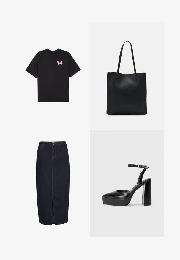 Črna bombažna majica s kratkimi rokavi, ki ima majhen roza metuljček na levi strani prsnega dela. Majica s krožnim ovratnikom in sproščenim krojem.; Temno modra maksi krila s sprednjim razporkom. Ima oranžno šivanje in klasičen dizajn s petimi žepi. Zapiranje na gumb pri pasu.; Črne platforme z visokimi petami in koničastim nosom ter nastavljivim gležnjenjskim trakom. Narejene iz gladke usnje, s kockasto peto.; Črna usnjena torba s svilnato teksturo, pravokotne oblike in dvema dolgima ročajema. Brez vidnih metalnih delov ali okrasnih elementov.