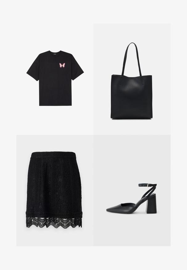 Melna kokvilnas T-krekls ar īsām piedurknēm, kuram priekšā kreisajā pusē ir neliels rozā tauriņa grafiskais attēls. Ar apaļu kaklu un brīvā stila piegriezumu.; Melnas mežģīņu mini svārki ar izsmalcinātiem ziedu rakstiem, viļņotu maliņu un teksturētu virsmu papildus detaļām. Iekļauta elastīga jostasvieta.; Melna ādas augstpapēžu kurpe ar norakstīto purngala formu, potītes siksniņu un masīlu papēdi. Gluda tekstūra, elegants dizains un minimālisma estētika.; Melnas ādas somiņa ar gludu tekstūru, taisnstūra formu un divām garām rokturiem. Nav redzamu aparatūras vai rotājumu.