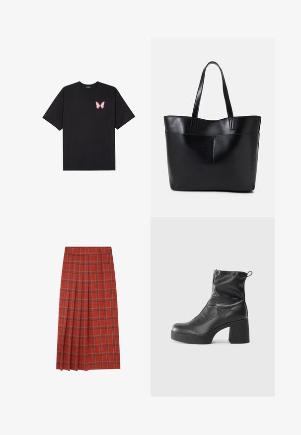 Sort bomulds T-shirt med korte ærmer, prydet med en lille pink sommerfugl grafik på venstre bryst. Rund hals design med en afslappet pasform.; Scalpers CHECK - A-snit nederdel - terracotta; Sorte ankelstøvler lavet af glat læder, med en sidelukning, kraftig struktureret hæl og rundt tådesign.; Sort læder tote taske med to lange håndtag, en glat tekstur og en struktureret form. Har en forlommem for ekstra opbevaring.