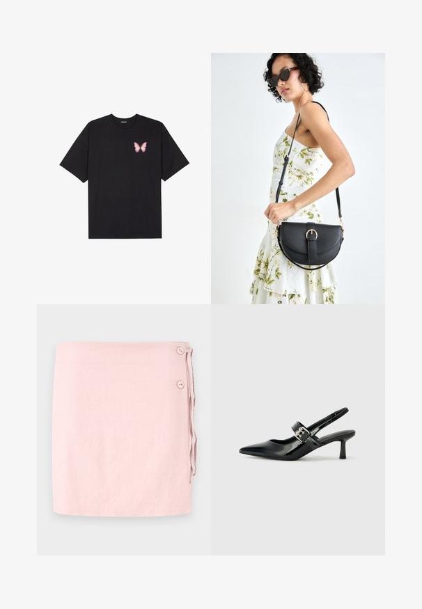 T-shirt en coton noir à manches courtes, avec un petit graphique de papillon rose sur la poitrine gauche. Modèle à col rond avec une coupe décontractée.; Jupe enveloppante rose clair en lin avec une texture lisse, dotée de deux boutons sur les côtés et d'un lien ajustable. Design épuré et simple.; Escarpins slingback en cuir verni noir avec un bout pointu et un petit talon bloc, mettant en avant un accent en boucle argentée sur la sangle.; Sac à main en cuir noir avec une forme courbée, bandoulière amovible et des accessoires en or. Le sac est doté d'un rabat avec un détail de boucle.