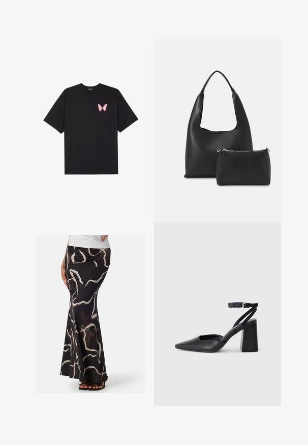 T-shirt nera in cotone con maniche corte, caratterizzata da una piccola grafica di una farfalla rosa sul lato sinistro del petto. Design a girocollo con una vestibilità rilassata.; Gonna maxi nera realizzata in tessuto liscio, con un motivo astratto ondulato in bianco e marrone. Adatta in vita con un orlo svasato.; Pump in pelle nera con punta affusolata, cinturino alla caviglia e tacco spesso. Texture piatta, design elegante ed estetica minimalista.; Even&Odd SET - Borsa a mano - black