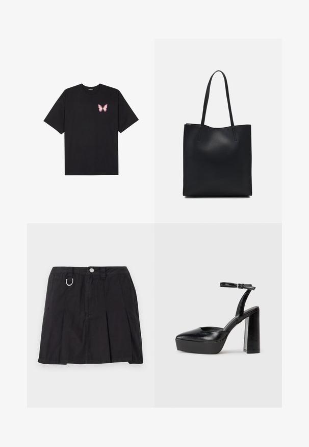 Fekete pamut póló rövid ujjakkal, bal mellkason egy kis rózsaszín pillangó grafikával. Kerek nyakú kialakítás, laza fazonnal.; Fekete pliszírozott szoknya, pamutból készült, elülső gombos záródással, övhurkokkal és D-gyűrűs díszítéssel a derékon.; Fekete platform magassarkú cipők hegyes orral és állítható bokapánttal. Sima bőrből készült, vastag talppal.; Fekete bőrtáska sima felszínnel, téglalap alakú, két hosszú füllel. Nincs látható fémkiegészítő vagy díszítés.