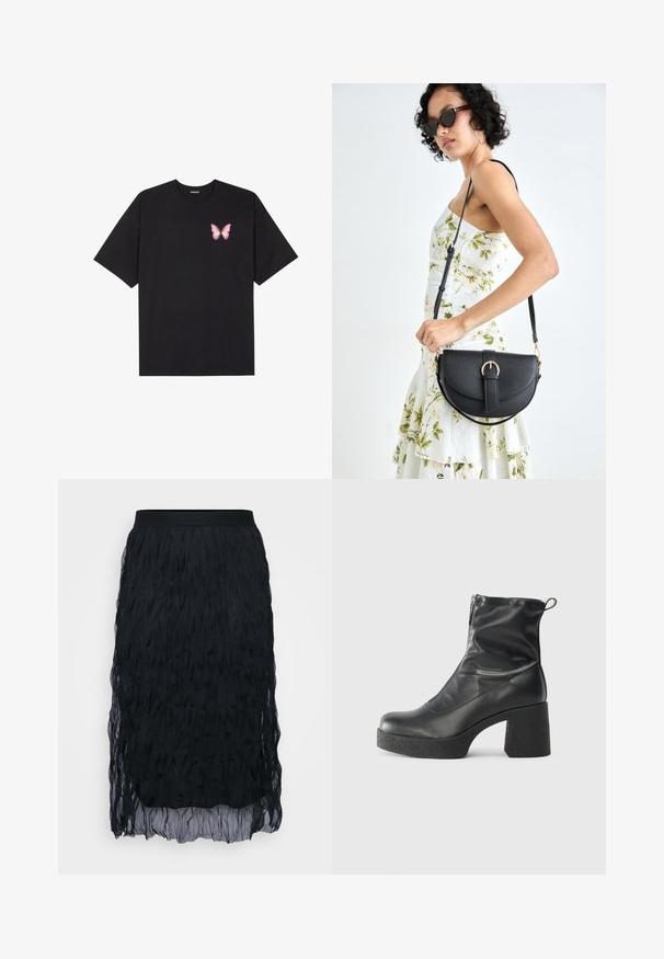 Juodas medvilnės marškinėliai trumpomis rankovėmis, su maža rožine drugelio grafika kairėje krūtinės pusėje. Apvalus kaklo iškirpimas, laisvas kirpimas.; Juodas sijonas su susiraukšlėjusia tekstūra, turintis tvirtą juosmenį. Dizainas yra iki kelio, su plazdančia, sluoksniuota siluetu.; Juodos kulkšninių botai, pagaminti iš lygaus odos, su šoniniu užtrauktuku, masyviu tekstūruotu kulnu ir apvaliu pirštu.; Juodas odinis krepšys su išlenkta forma, nuimamu dirželiu ir auksiniais detalėmis. Krepšys turi kilpą su sagtimi.