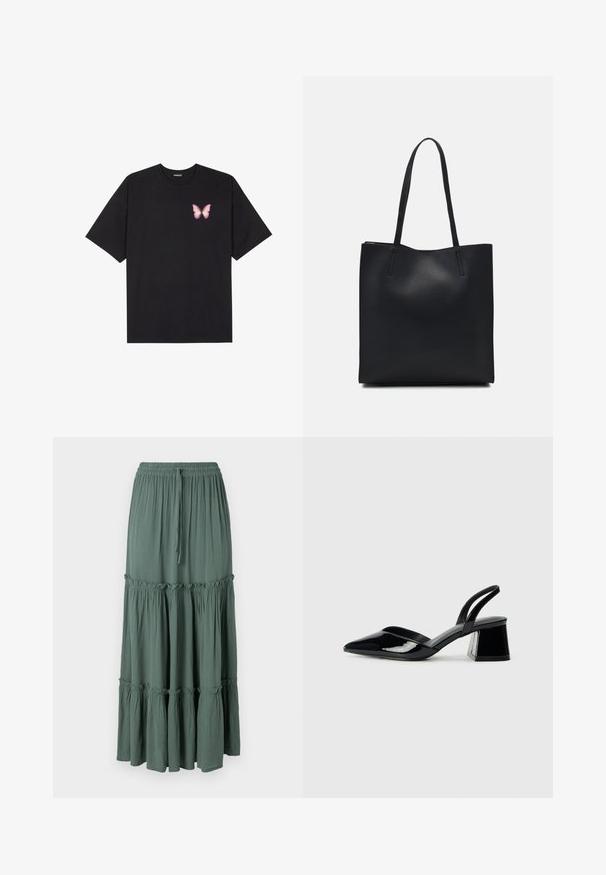 T-shirt en coton noir à manches courtes, avec un petit graphique de papillon rose sur la poitrine gauche. Modèle à col rond avec une coupe décontractée.; Jupe longue à volants en vert doux. Fabriquée en tissu léger avec une taille élastique et un cordon de serrage, comportant des accents froncés aux coutures.; Escarpins en cuir verni noir avec bout pointu et talon bloc géométrique. Présente un design élégant et minimaliste ainsi qu'une texture lisse.; Sac fourre-tout en cuir noir avec une texture lisse, de forme rectangulaire et deux longues poignées. Pas de matériel ou d'ornementations visibles.