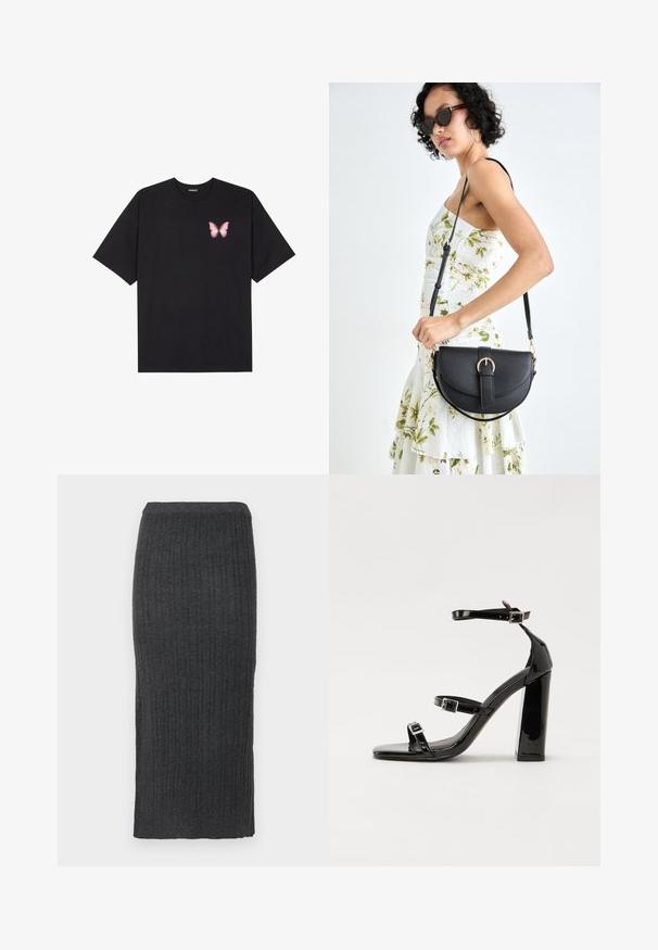 T-shirt en coton noir à manches courtes, avec un petit graphique de papillon rose sur la poitrine gauche. Modèle à col rond avec une coupe décontractée.; Jupe midi en tricot côtelé gris foncé. Présente une silhouette ajustée et une taille élastique. Fabriquée en tissu doux et texturé.; Sandales à talons vernies noires avec un bout carré, des sangles autour de la cheville et des boucles en argent. Dotées d'un talon bloc épais pour plus de stabilité.; Sac à main en cuir noir avec une forme courbée, bandoulière amovible et des accessoires en or. Le sac est doté d'un rabat avec un détail de boucle.