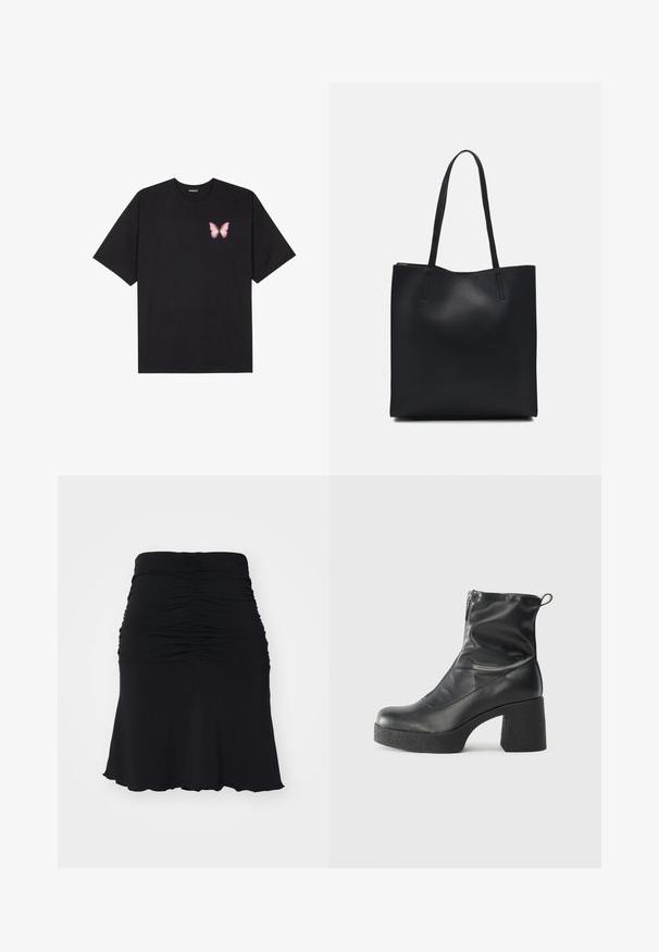 Fekete pamut póló rövid ujjakkal, bal mellkason egy kis rózsaszín pillangó grafikával. Kerek nyakú kialakítás, laza fazonnal.; Noisy May NMSANDY RUCHED SHORT SKIRT VIP - A-vonalú szoknya - black; Fekete bokacsizmák sima bőrből, oldalsó cipzárral, vastag, texturált sarkú és lekerekített orrú dizájnnal.; Fekete bőrtáska sima felszínnel, téglalap alakú, két hosszú füllel. Nincs látható fémkiegészítő vagy díszítés.