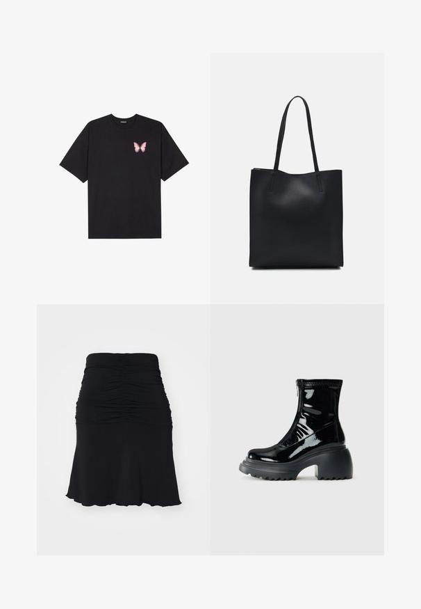 T-shirt de algodão preto com mangas curtas, apresentando um pequeno gráfico de borboleta rosa no lado esquerdo do peito. Design de gola redonda com um corte solto.; Noisy May NMSANDY RUCHED SHORT SKIRT VIP - Saia evasé - black; Bota de tornozelo em plataforma preta brilhante com bico redondo, salto robusto, fecho de zíper e sola grossa e estriada em fundo branco.; Bolsa tote preta em couro com textura lisa, forma retangular e duas alças longas. Sem hardware ou enfeites visíveis.