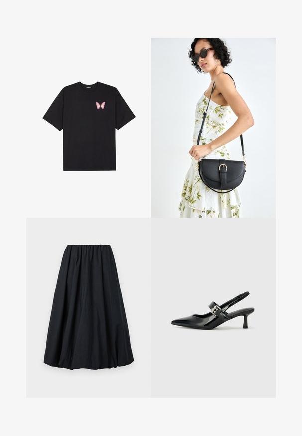 Juodas medvilnės marškinėliai trumpomis rankovėmis, su maža rožine drugelio grafika kairėje krūtinės pusėje. Apvalus kaklo iškirpimas, laisvas kirpimas.; Juodas iš elastinės juostos pasiūtas sijonas iki kelių, pagamintas iš tekstūruotos medžiagos, turintis pilną siluetą su subtiliais drapiruotėmis.; Juodai lakuoti slingback aukštakulniai su smailiu kojų pirštu ir mažais blokiniais kulniukais, su sidabro sagtimi ant dirželio.; Juodas odinis krepšys su išlenkta forma, nuimamu dirželiu ir auksiniais detalėmis. Krepšys turi kilpą su sagtimi.