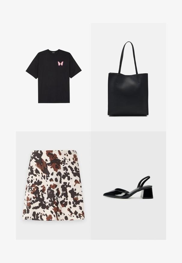 Čierne bavlnené tričko s krátkymi rukávmi, s malým ružovým motýlikom na ľavej hrudi. Design s okrúhlym výstrihom a uvoľneným strihom.; Krátka sukňa s bodkovaným vzorom v krémovej, hnedej a čiernej farbe. Vyrobená z jemného materiálu; má rovný, priliehavý strih a miernu elasticitu.; Čierne lakované kožené sandálové podpätky s špicatou špičkou a geometrickým blokovým podpätkom. Disponujú elegantným, minimalistickým dizajnom a hladkým povrchom.; Čierna kožená taška na rameno s hladkým povrchom, obdĺžnikovým tvarom a dvoma dlhými uchami. Bez viditeľného kovania alebo ozdôb.