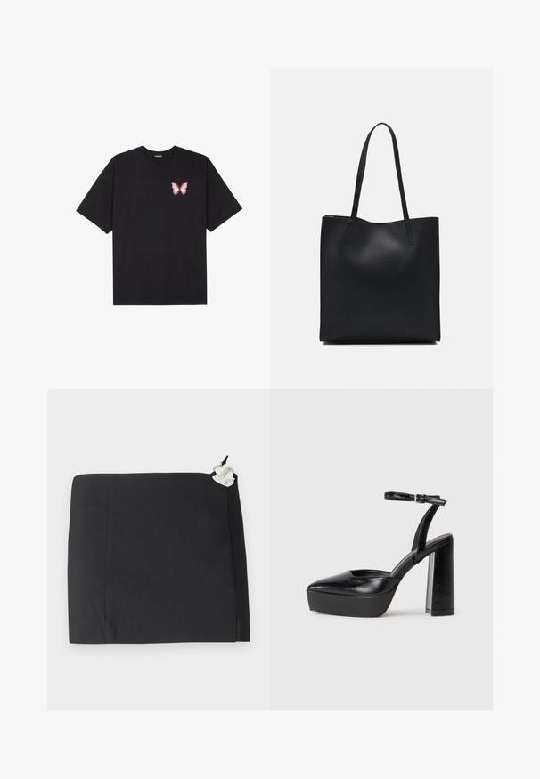 Čierne bavlnené tričko s krátkymi rukávmi, s malým ružovým motýlikom na ľavej hrudi. Design s okrúhlym výstrihom a uvoľneným strihom.; Čierna sukňa s elegantným dizajnom, rovnou siluetou a hladkou textúrou. Obsahuje biely akcentový detail z kovu na boku.; Čierne platformové podpätky so špicatou špičkou a nastaviteľným členkovým remienkom. Vyrobené z hladkej kože a so robustným blokovým podpätkom.; Čierna kožená taška na rameno s hladkým povrchom, obdĺžnikovým tvarom a dvoma dlhými uchami. Bez viditeľného kovania alebo ozdôb.