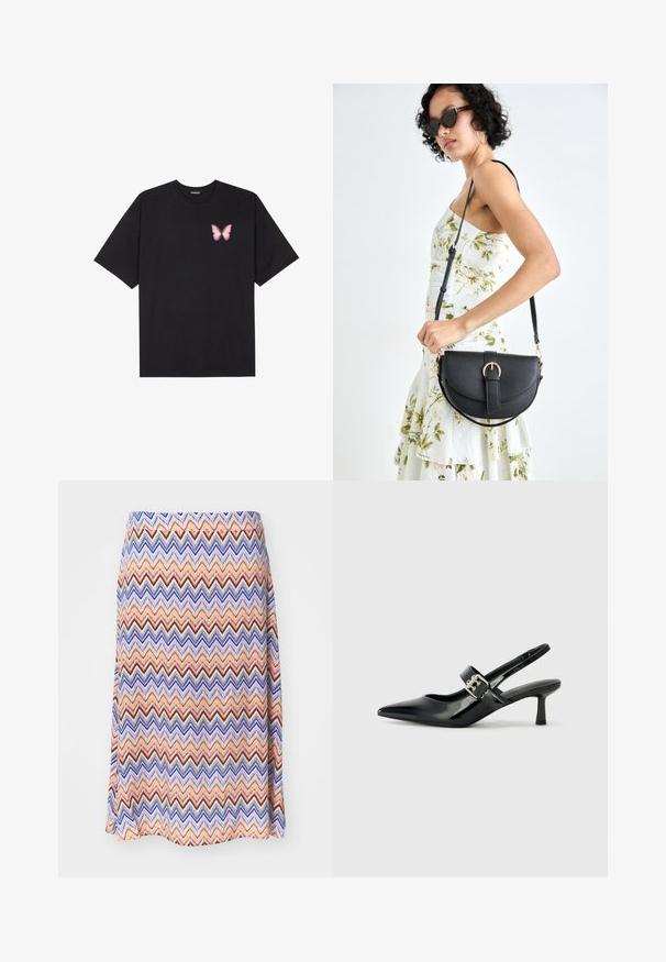 Svart bomullströja med korta ärmar, med en liten rosa fjärilsgrafik på vänster bröst. Rundad halsdesign med en avslappnad passform.; Färgglad kjol med zigzag-mönster. Tillverkad av lättviktig tyg med en utsvängd silhuett och midjeband. Predominerar orange, blått och rött.; Svarta patentläder slingback-klackar med spetsig tå och en liten blockklack, med en silvrig spänneaccent på remmen.; Svart läderhandväska med en böjd form, avtagbar rem och guldiga detaljer. Väskan har ett lock med en spänndetalj.