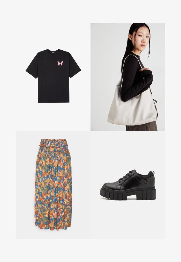 Musta puuvillapaita lyhyillä hihoilla, jossa on pieni vaaleanpunainen perhosgrafiikka vasemmassa rinnassa. Pyöreä kaula-aukko ja rento istuvuus.; Kukkakuvioinen maksihame, jossa on kerätty vyötärö ja kirkkaat oranssi, vihreä ja sininen kuviot. Kevyt kangas, jossa on poimutettu pinta.; Mustat nahkakengät, joissa on lättihenkinen korko, pyöreä kärki ja perinteinen nauhakiinnitys. Ominaisuuksiin kuuluu sileä pintakuvio ja minimaalinen yksityiskohtaisuus.; Beige laukku, joka on valmistettu pehmeästä materiaalista, ja siinä on rento muotoilu, ommeltu yksityiskohtia ja kaksi olkahihnaa. Sopii päivittäiseen käyttöön.