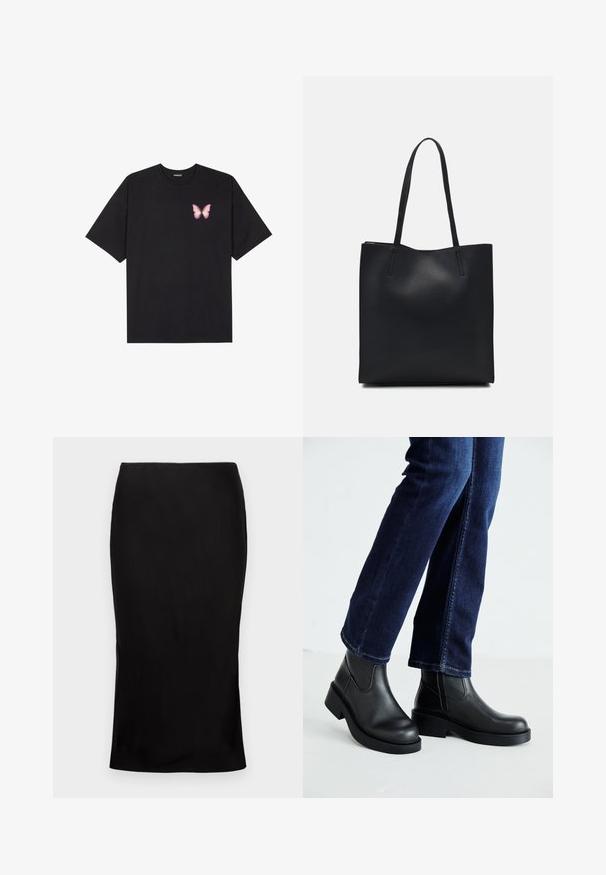Svart bomulls T-skjorte med korte ermer, med en liten rosa sommerfugl grafikk på venstre bryst. Crew-neck design med en avslappet passform.; Svart, tettsittende midi-lansing med en jevn tekstur, sideslitt-detalj og en klassisk midje. Designet for en elegant silhuett.; Sorte lær ankelsko med en kraftig såle og elastiske paneler på siden, kombinert med mørkeblå jeans. Underlaget er lyst.; Svart lær tote bag med glatt tekstur, rektangulær form og to lange håndtak. Ingen synlige deler eller dekorasjoner.