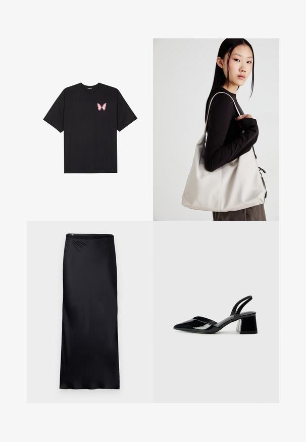 Črna bombažna majica s kratkimi rokavi, ki ima majhen roza metuljček na levi strani prsnega dela. Majica s krožnim ovratnikom in sproščenim krojem.; Črna, dolga krila iz gladkega, lahkega materiala. Ima preprost dizajn brez šivov in podrobnost z zadrgo.; Črne lakirane slingback pete s koničastim nosom in geometrijsko blokasto peto. Imajo eleganten, minimalističen dizajn in gladko teksturo.; Bežna torbica iz mehkega materiala, z ohlapno zasnovo, šivi in dvema naramnicama. Primerna za vsakodnevno uporabo.
